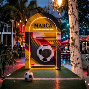 Totem spot metegol en MDF con arco malla pelota y LED Neon Flex para activaciones mundialistas